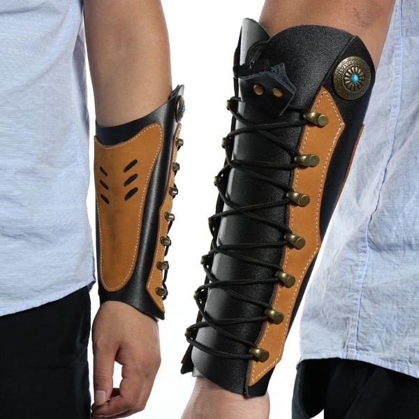 

elbow & knee pads armband leather wide archery arm guard viking bracer gauntlet wristband bracelet, Black;gray
