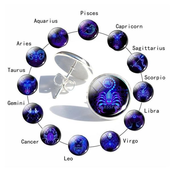 

stud women fashion 12 constellation earrings gemini cancer leo scorpio libra sagittarius zodiac sign jewelry, Golden;silver
