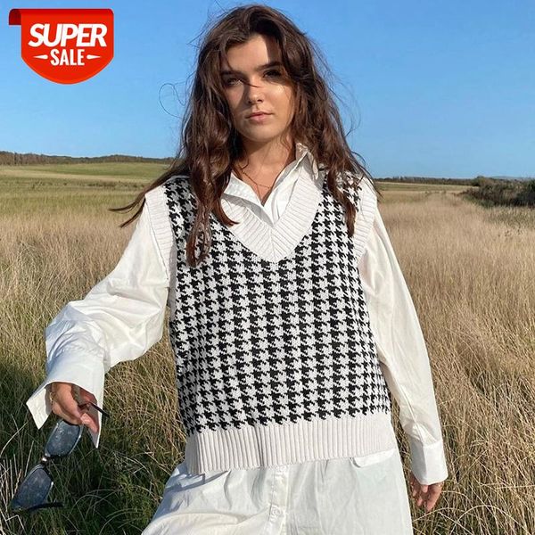 

vintage houndstooth y2k knitted sweater vest for women warm fashion 2020 aesthetic pullover sleeveless v neck e girl female #ml05, White