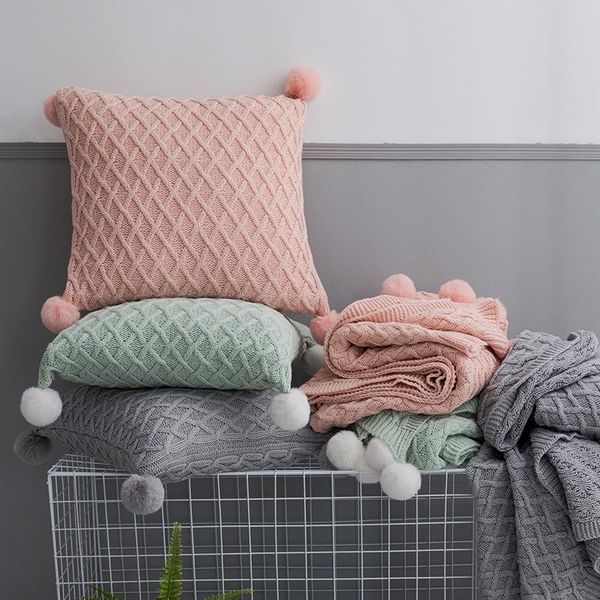 

cushion/decorative pillow knit cushion cover vintage pink grey light green solid case 45cm*45cm soft with pom ball nursery room decoration