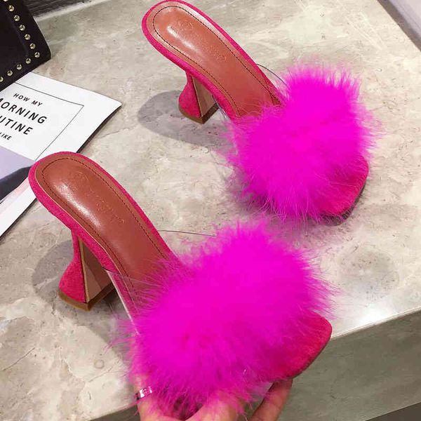 

sandals sandÃ¡lias de salto transparentes em pvc vermelho-rosa, chinelos femininos alto felpudo e com alto, fofos para c7pn, Black