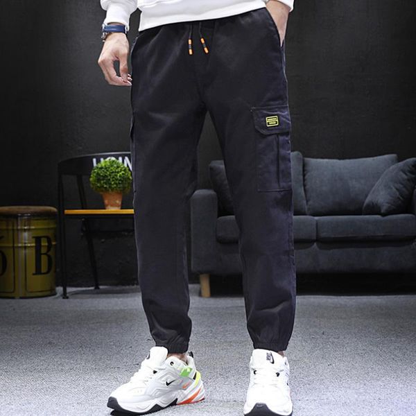 

men's pants sweatpants joggers men loose ribbons cargo pockets track tactical casual techwear male trousers sport streetwear, Black