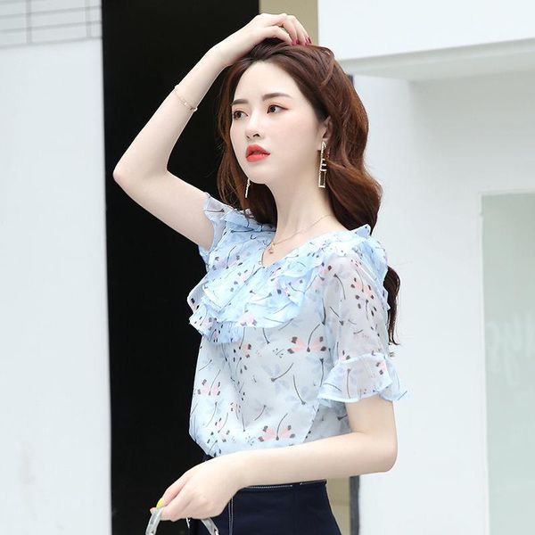 

women's blouses & shirts double-layer floral blouse lotus leaf collar chiffon shirt short-sleeved fashion temperament small summer, White