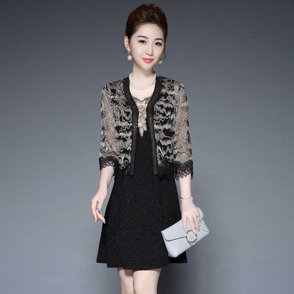 

luxury evening dress 2021 spring and autumn women's two-piece embroidery middle-aged 's with thin temperament, Black;gray