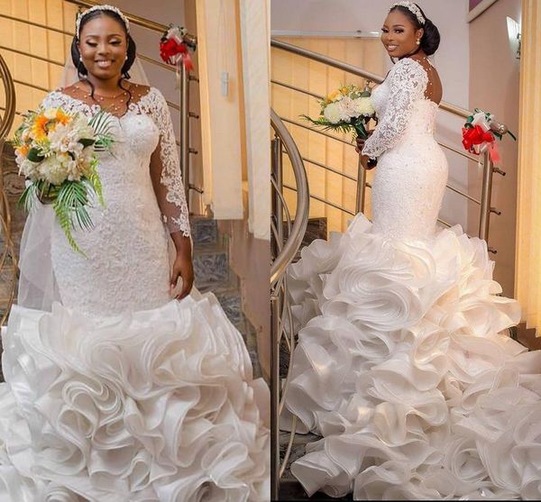 

nigerian african mermaid wedding dresses plus size arabic aso ebi ruffles cathedral train lace sheer long sleeve bridal dress, White
