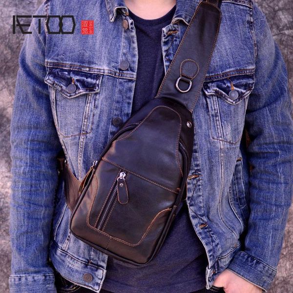 

HBP AETOO Male Bags Genuine Leather Shoulder Messenger Bag Men Sling Chest Pack Crossbody Bags for Men Belt Chest Leather Bag, Black