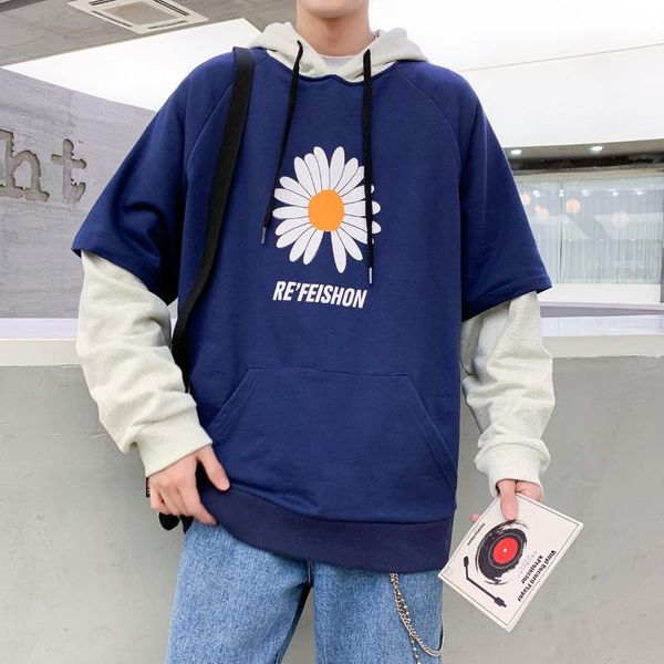 

spring summer men's hooded sweatshirt casual printed daisy fake 2-piece fashion loose male clothes classic sweatshirts coat, Black