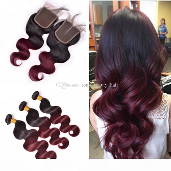 

1b 99j burgundy ombre brazilian virgin hair with closure body wave 3 bundles wine red ombre brazilian hair weave with 4x4'' lace c, Black