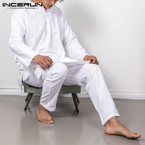 

vintage mens sets long sleeve o neck drawstring pants 2 pieces man solid color buttons suits chinese style sets incerun 5xl, Gray