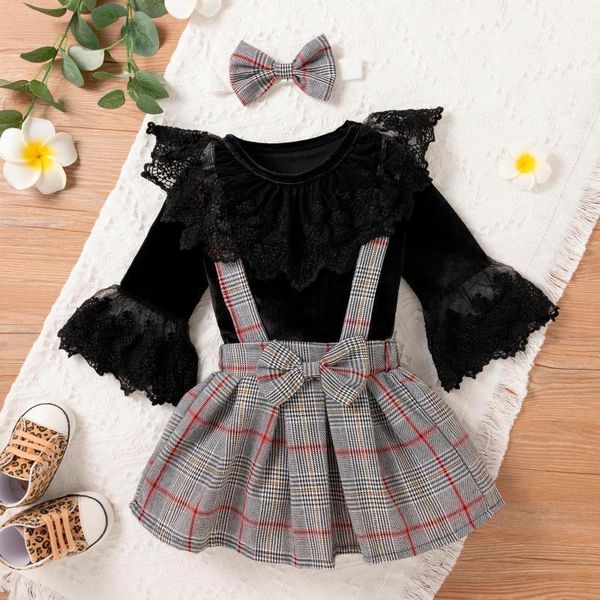 

clothing sets born infant baby girls lace romper+ plaid suspender skirt headband outfits cloth autumn outfit1, White
