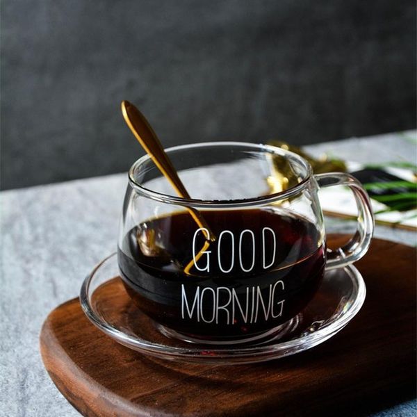 

1pcs glass breakfast cup coffee milk yogurt mug creative letters printed mug transparent handle drinkware