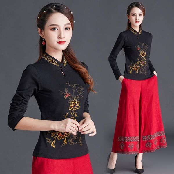 

female lady national style autumn new embroidered bottoming shirt women's stand collar long sleeve t-shirt pure cotton, White