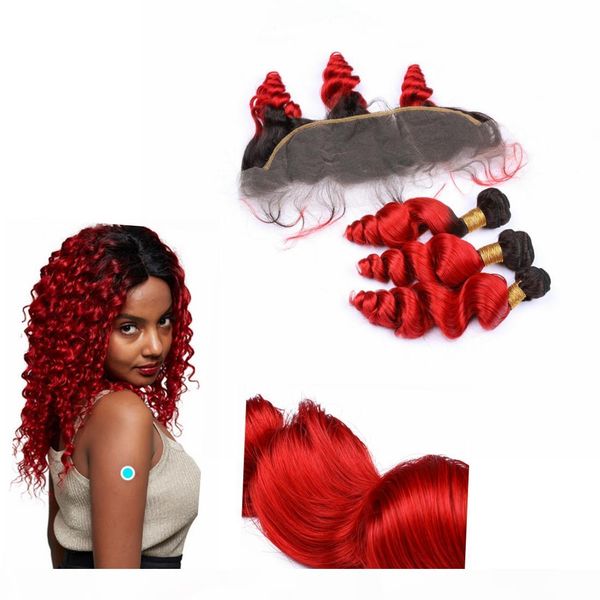 

ombre peruvian weave hair human bundles with closure dark root 13" * 4" ombre lace frontal closure #1b red loose wave closure, Black;brown