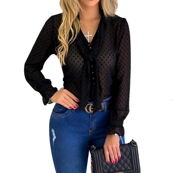 

2021 new polka dot chiffon blouse women clothes v-neck long sleeve shirts womens and blouses ladies plus size shirt j82b, White