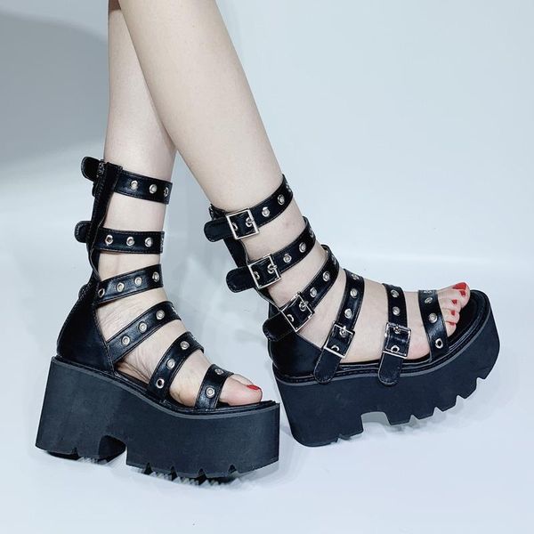 

dress shoes summer fashion zipper hollow thick-soled non-slip wear-resistant ladies sandals roman shoelace waterproof platform., Black