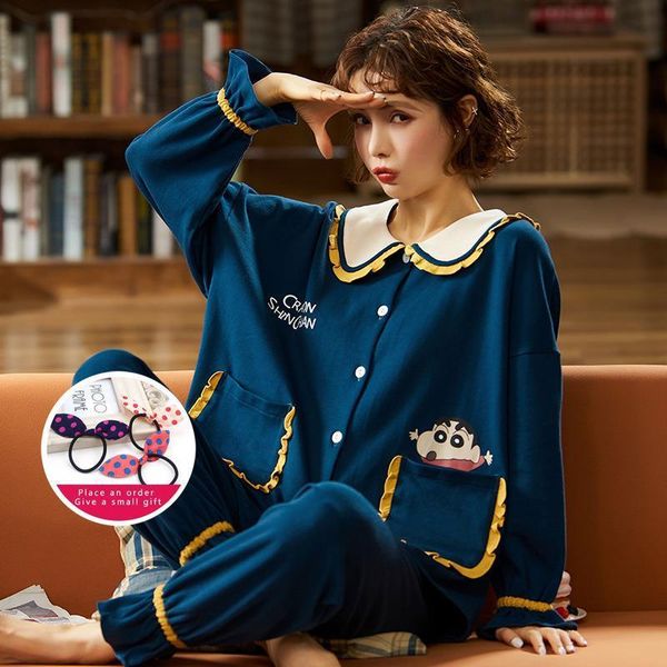 

women sleepwear letter autumn pajama set womens cotton long sleeve cardigan loose large size homewear cute crayon shin chan pajamas, Black;red