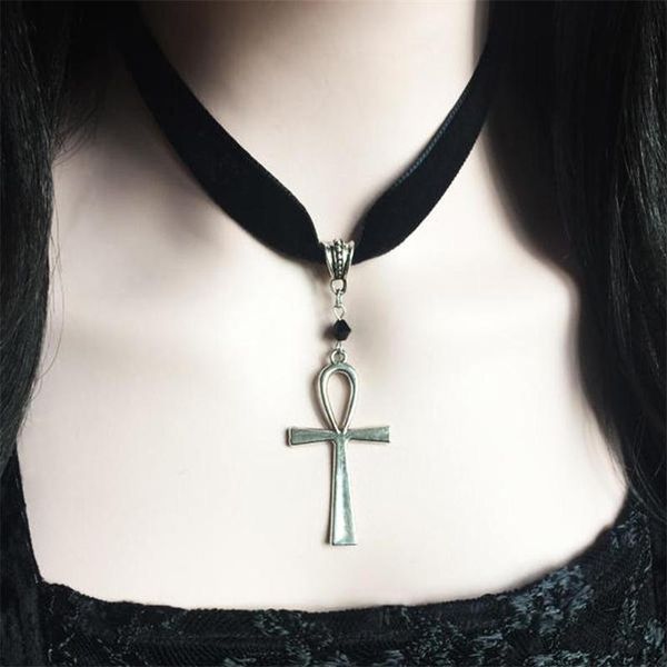 

pendant necklaces fashion ankh necklace black velvet collar egyptian cross immortal gothic witch jewelry gifts for women, Silver