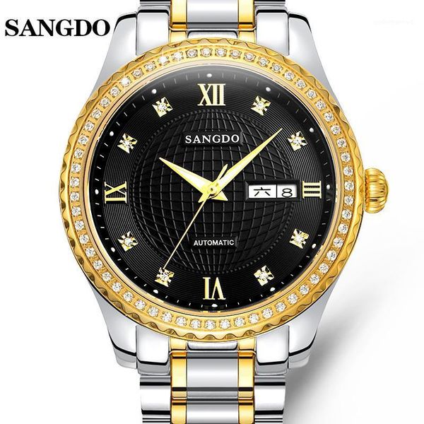 

fashion sangdo watch men stainless steel strap automatic mechanical sapphire waterproof calendar week relogio masculine wristwatches, Slivery;brown