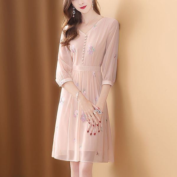 

2021 embroidery chiffon new fashion elegant temperament a-line women summer half sleeve v-neck female es k8ci, Black;gray
