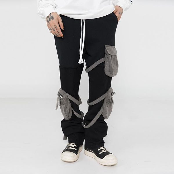 

men's pants high street retro multi-pockets joggers sweatpants mens and womens oversize drawstring color match baggy casual trousers, Black