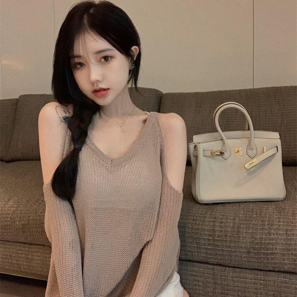 

women's sweaters sweet korean clothes spring/autumn clothing hollow out pullovers all-match trend v-neck leakage shoulder, White;black
