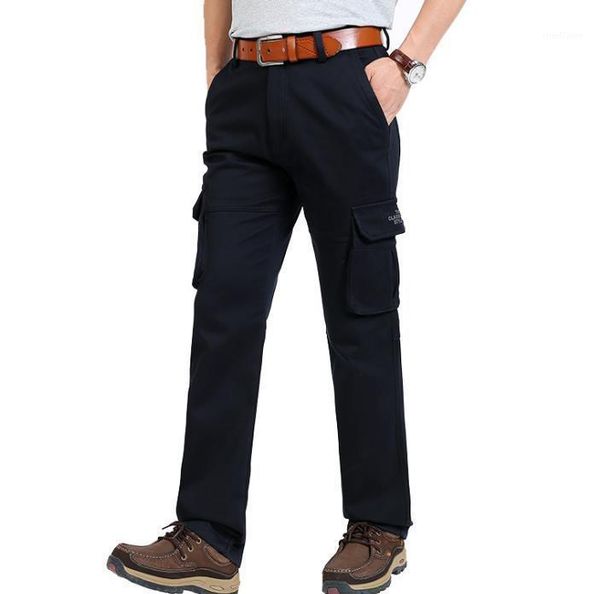 

men's pants winter brushed cargo baggy thicken casual plus size 44 straight fleece full length trousers mens men overalls, Black
