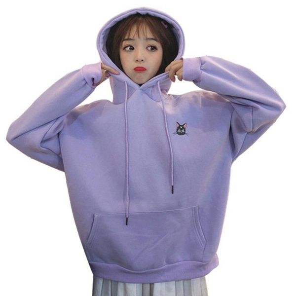 

autumn winter harajuku sweatshirt korean kawaii girls sailor moon luna cat embroidery hoodies women plus velvet thicken outwear, Black