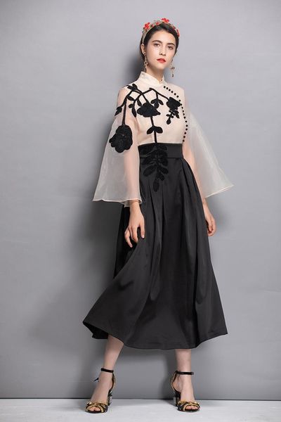 

casual dresses beading mesh dress 2021 autumn runway chinese style elegant chic party d411, Black;gray