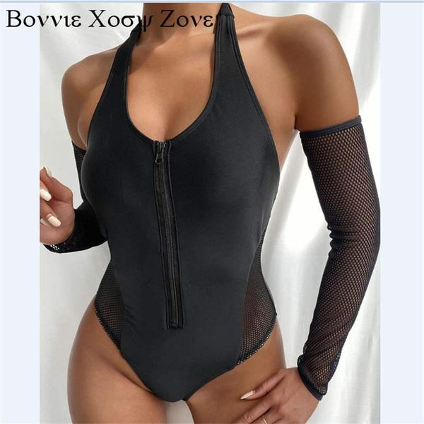 

women summer halter backless zip front one piece swimsuit with fishnet gloves