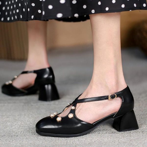 

bonjomarisa office lady trendy round toe summer sandals cover toe pearl med heel buckle strap sandals women design shoes woman, Black