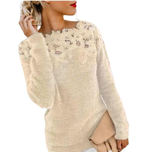 

women's sweaters winner off-shoulder women solid color long sleeve o neck floral lace pullover plus size sweater, White;black