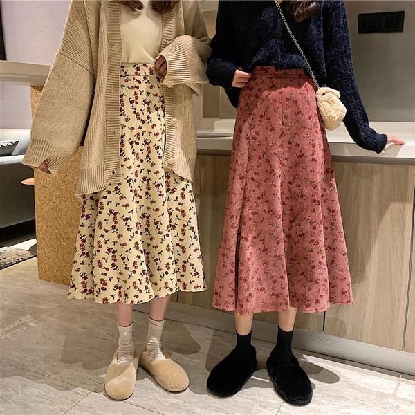 

skirts women's winter high waist floral a- line skirt woman faldas jupe, Black