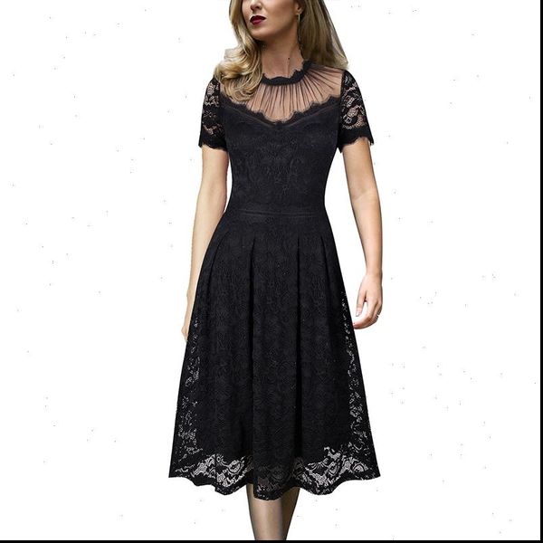 

womens vintage see through floral eyelash lace mesh patchwork cocktail wedding party flare skater a line midi dress 122, Black;gray