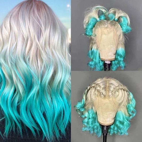 

10-14 Inch Blonde Ombre Green Lace Front Wigs Short Bob Wig Cosplay Heat Resistant Synthetic Wavy Hair for Women, Ombre color like pictures show