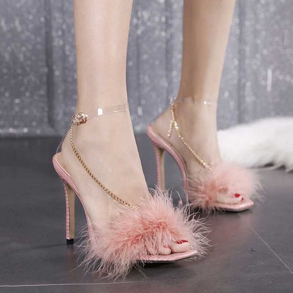 

sandals 2021 summer feather square toe stiletto super high heel women's shoes 35-41, Black