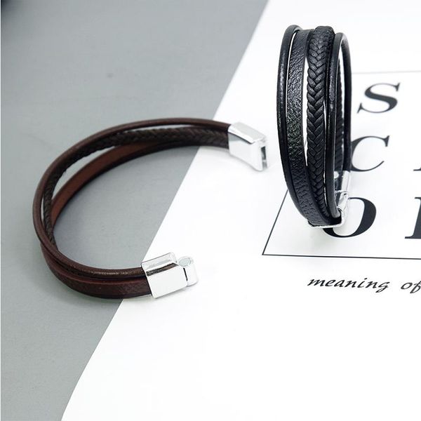 

link, chain bracelets men hip hop stainless steel leather bracelet black friendship gift for man accessories wholesale jewelry