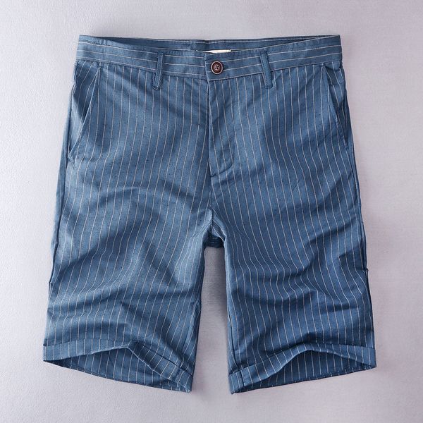 

2021 new men's linen striped summer loose casual beach shorts men blue stripes fashion short male clothing bermuda 38 8mep, White;black