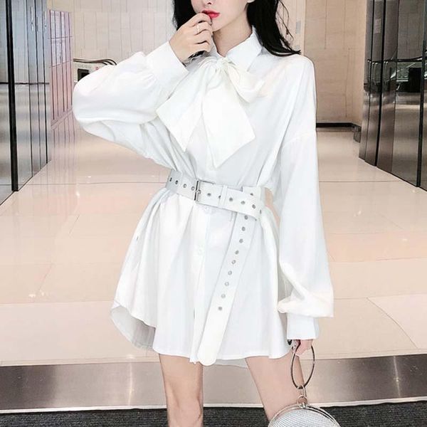 

spring autumn dress women solid long sleeve belt elegant blouse dresses bow female whiter black casual clothing, Black;gray