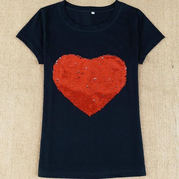 

women's t-shirt sequin hearts short sleeve female cotton camisetas mujer, White