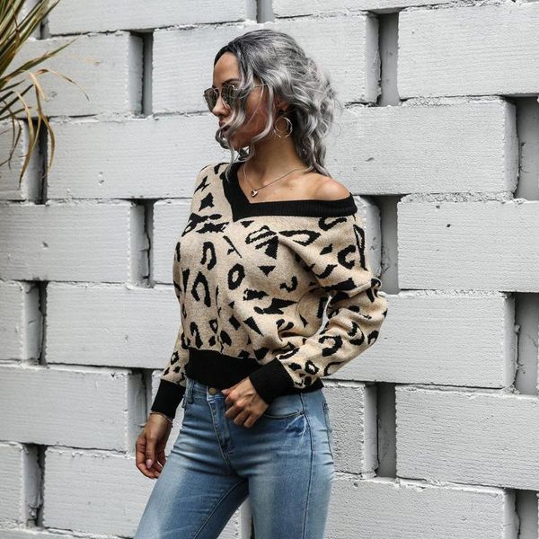 

women's sweaters women vintage leopard pattern knitted sweater casual pullovers animal print auntumn winter warm ladies v neck, White;black