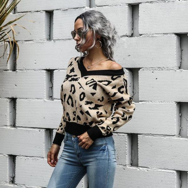 Damenpullover Damen Vintage Leopardenmuster Strickpullover Lässige Pullover Sexy Animal Print Auntumn Winter Warm Damen Tops V-Ausschnitt