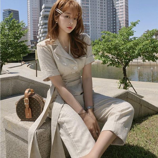 

two piece dress summer cotton and linen jumpsuit notched collar short sleeve overalls for women lace up romper womens long bodysuit, White