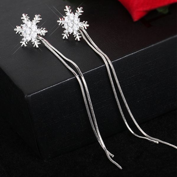 

s925 silver needle korean temperament long diamond studded snowflake earrings personalized versatile tassel ear line, Golden