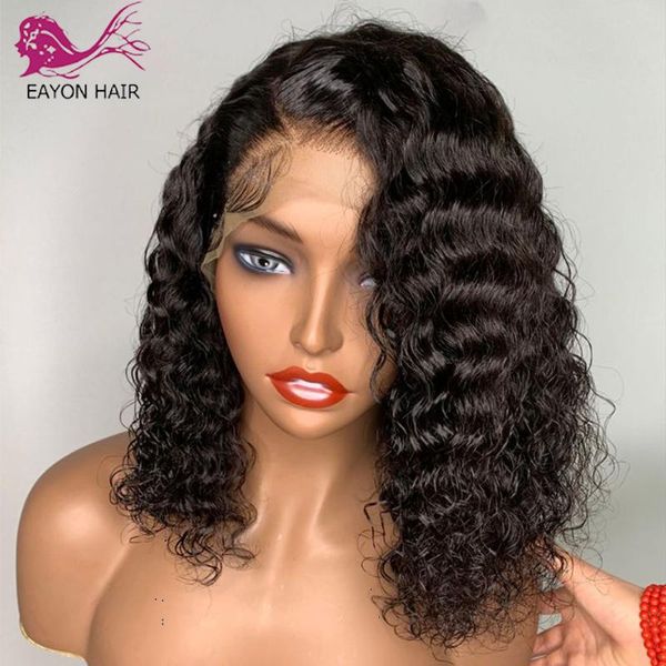 

lace wigs eayon preplucked 13x4 front human hair deep wave brazilian wig bleached knots remy for women, Black;brown