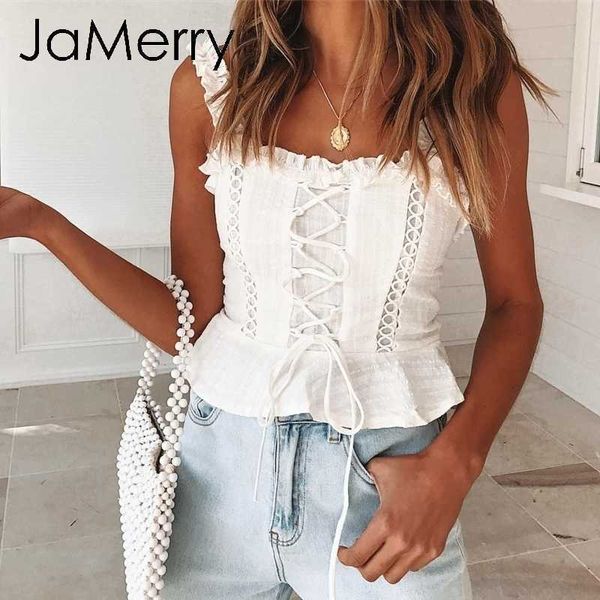 Jamerry Vintage Sexy White Lace Women Tank Tops Strap Ruffle Crop Top Camis Female Summer Hollow Out Lace Up Camisole Tops 2019 Q190513