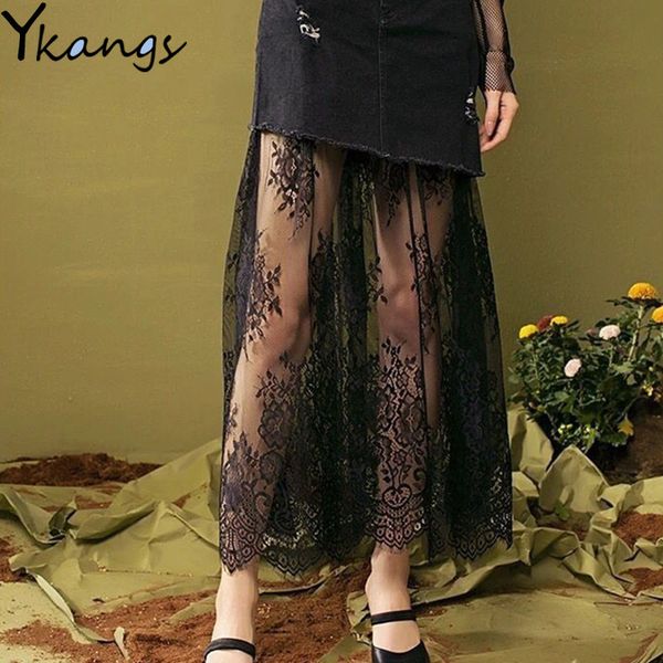 

2021 women high waist lace vintage yarn splicing rule base midi female gothic embroidery tulle skirt saia clothes 2xd5, Black