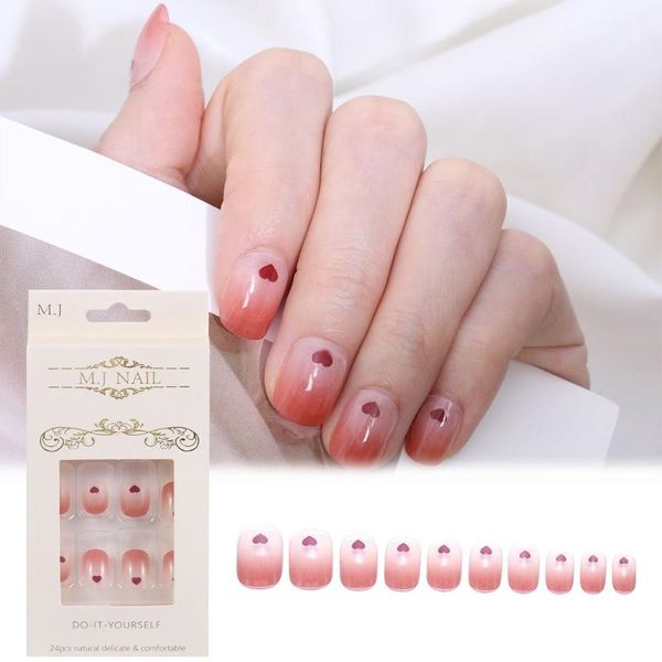 

false nails fashion full cover ombre gradient color artificial fake nail love heart, Red;gold