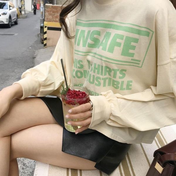 

women's t-shirt women long sleeve letter all-match female loose simple korean style soft womens o-neck leisure students top, White