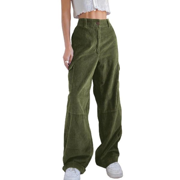 

women's pants & capris women solid color high waist pockets long loose straight corduroy trousers, Black;white