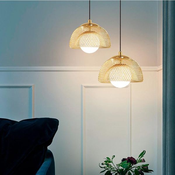 

pendant lamps postmodern design gold lamp double iron net glass lampshade led nordic bed side hanging ceiling suspension light